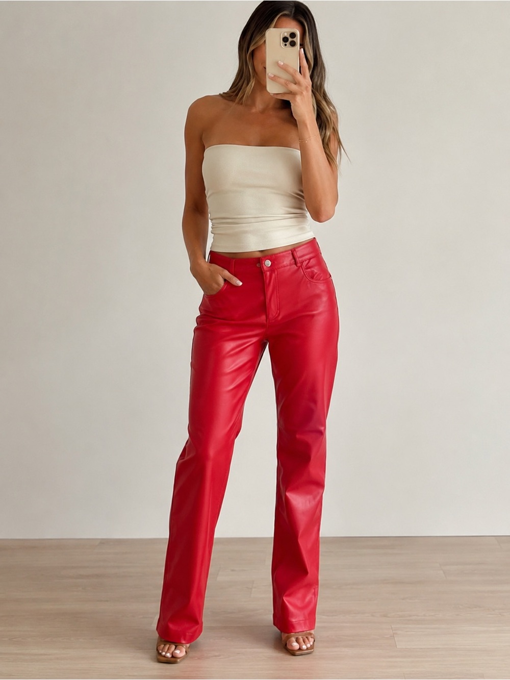 Zara XL Red Faux Leather Straight Leg Pants NWOT